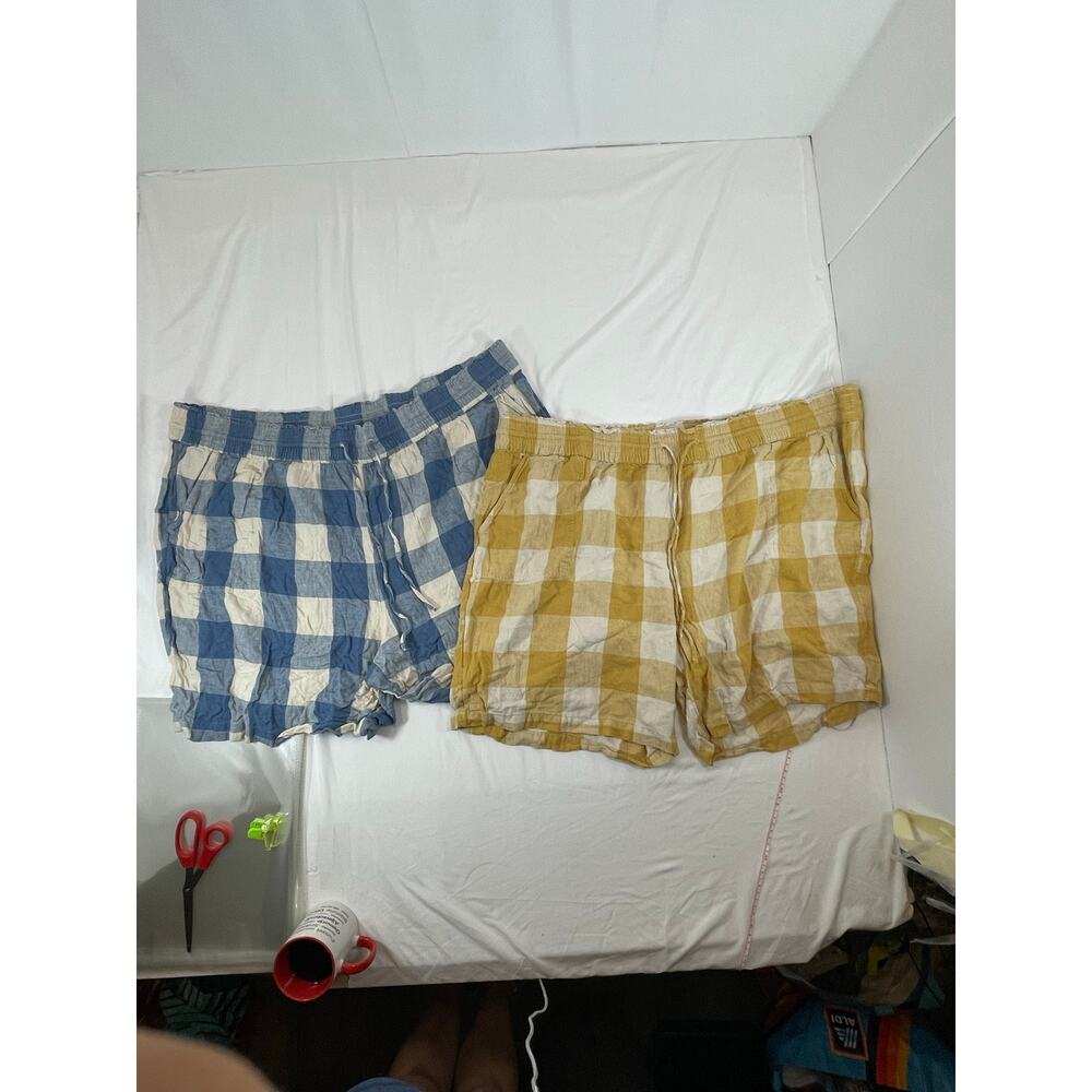 Naturals D&Co Gingham Linen Shorts Set of 2 Blue Yellow 3X Plus Size